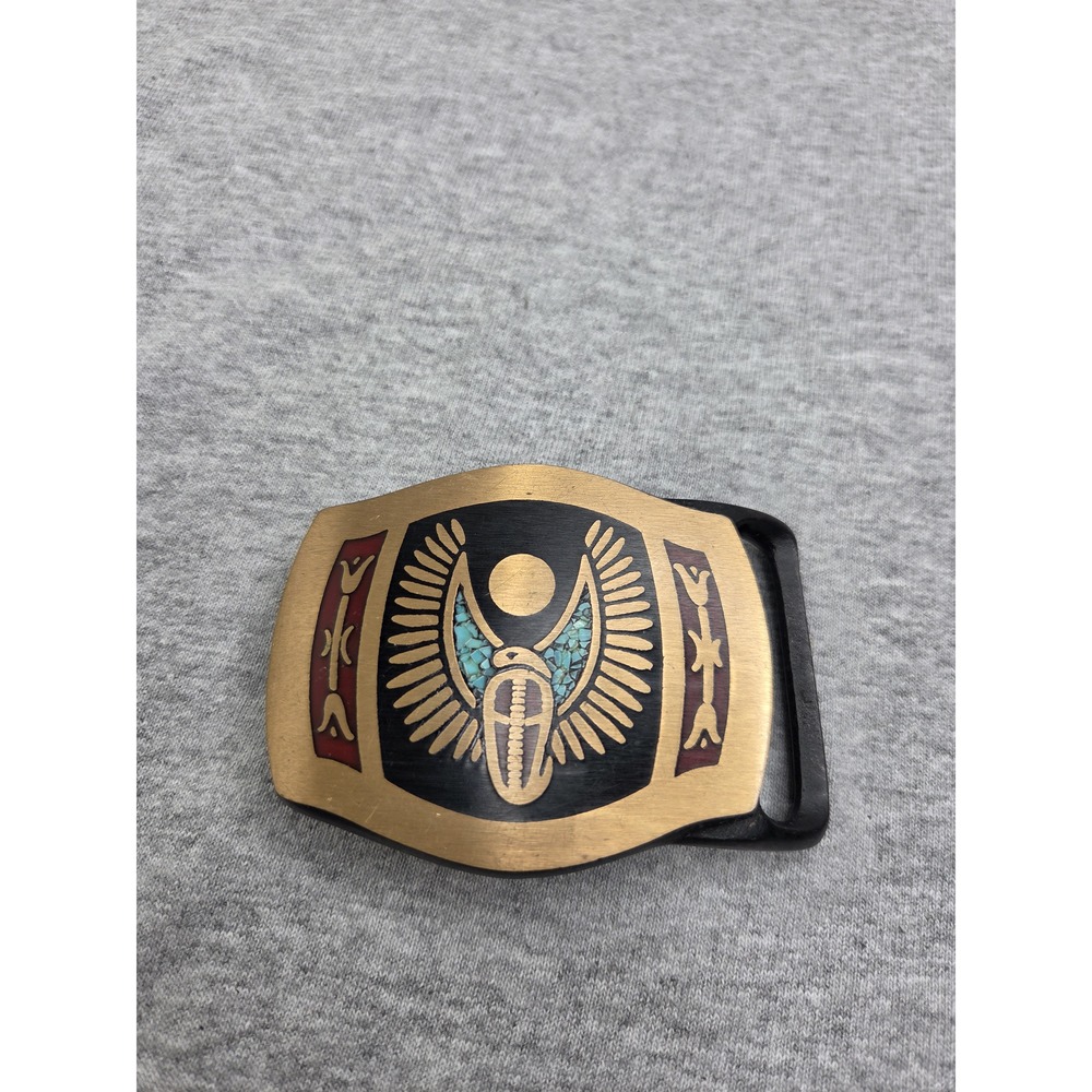 1970s Tech Ether Guild Winged Cobra Turquoise Brass Belt Buckle